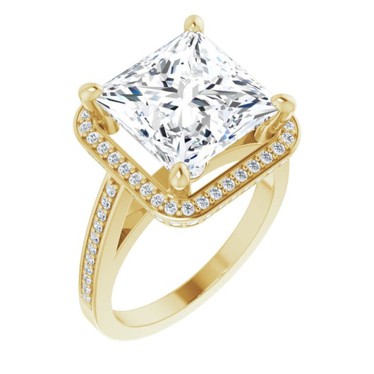 10K Yellow Gold Customizable Cathedral-set Princess/Square Cut Design with Halo, Thin Pavé Band & Round-Bezel Peekaboos