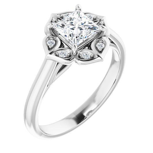 10K White Gold Customizable Cathedral-raised Princess/Square Cut Design with Star Halo & Round-Bezel Peekaboo Accents