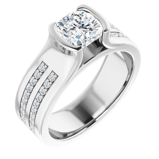 10K White Gold Customizable Bezel-set Cushion Cut Design with Thick Band featuring Double-Row Shared Prong Accents