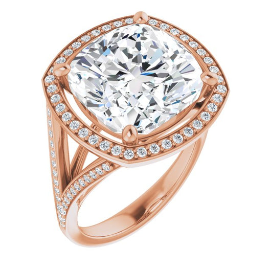 10K Rose Gold Customizable Cathedral-Halo Cushion Cut Style featuring Split-Shared Prong Band