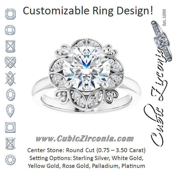 Cubic Zirconia Engagement Ring- The Hé Zhang (Customizable Round Cut Design with Floral Segmented Halo & Sculptural Basket)