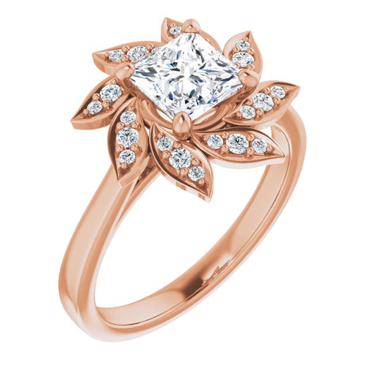 10K Rose Gold Customizable Princess/Square Cut Design with Artisan Floral Halo