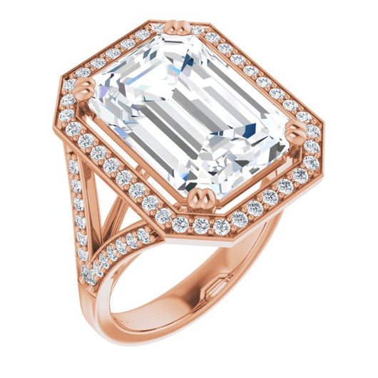 10K Rose Gold Customizable Cathedral-set Emerald/Radiant Cut Style with Accented Split Band and Halo