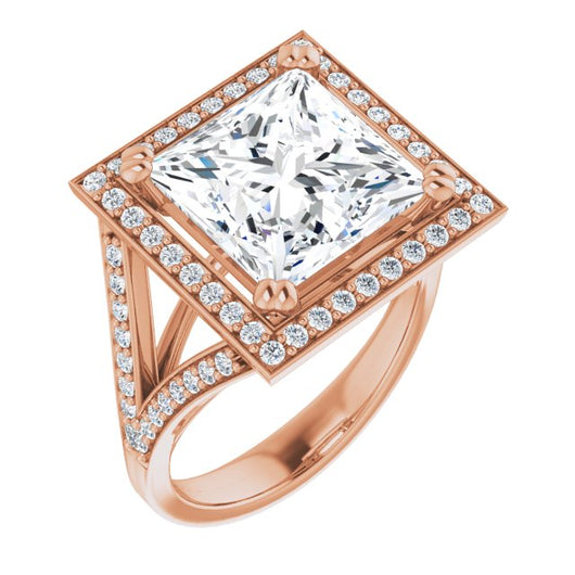 10K Rose Gold Customizable Cathedral-set Princess/Square Cut Style with Accented Split Band and Halo