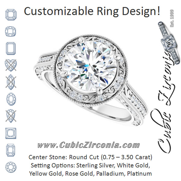 Cubic Zirconia Engagement Ring- The Eowyn (Customizable Vintage Artisan Round Cut Design with 3-Sided Filigree and Side Inlay Accent Enhancements)