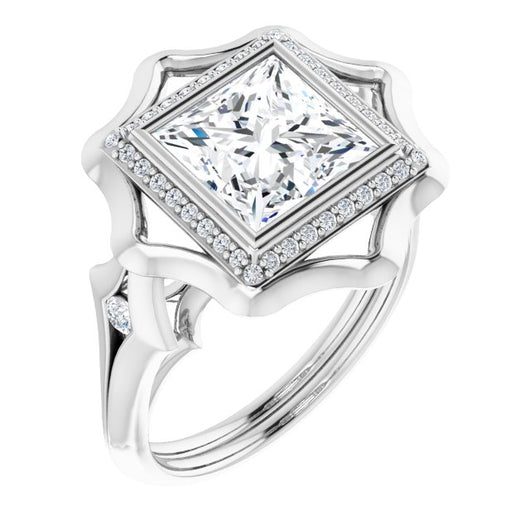 10K White Gold Customizable Bezel-set Princess/Square Cut with Halo & Oversized Floral Design