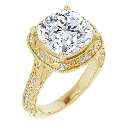 10K Yellow Gold Customizable Vintage Artisan Cushion Cut Design with 3-Sided Filigree and Side Inlay Accent Enhancements