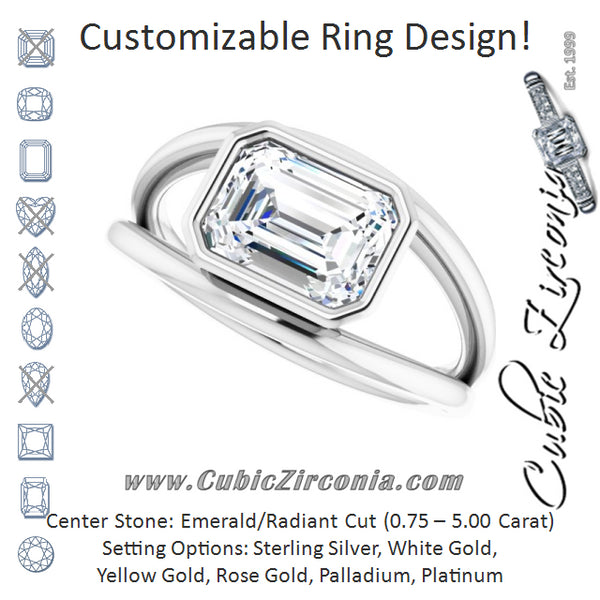 Cubic Zirconia Engagement Ring- The Philomena (Customizable Bezel-set Emerald Cut Style with Wide Tapered Split Band)