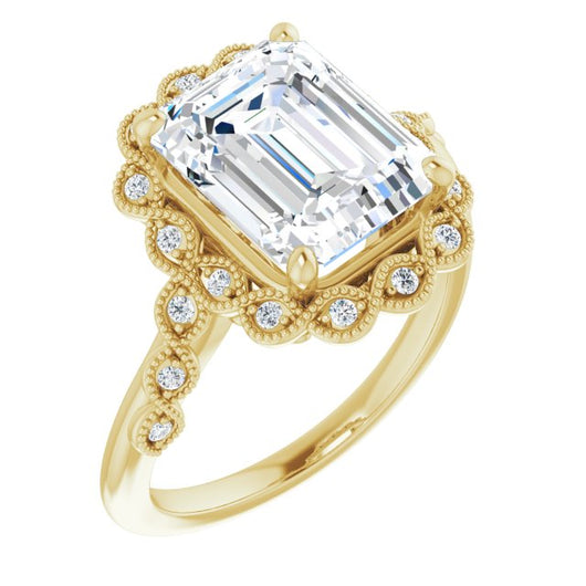 10K Yellow Gold Customizable 3-stone Design with Emerald/Radiant Cut Center and Halo Enhancement