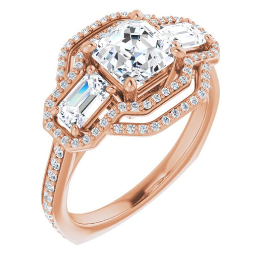 10K Rose Gold Customizable Enhanced 3-stone Style with Asscher Cut Center, Emerald Cut Accents, Double Halo and Thin Shared Prong Band