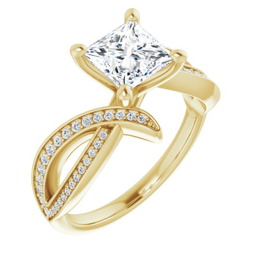 10K Yellow Gold Customizable Princess/Square Cut Design with Swooping Pavé Bypass Band