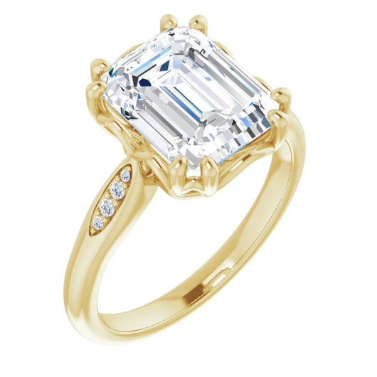 10K Yellow Gold Customizable 9-stone Emerald/Radiant Cut Design with 8-prong Decorative Basket & Round Cut Side Stones