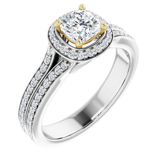 14K White & Yellow Gold Customizable Cathedral-raised Cushion Cut Setting with Halo and Shared Prong Band