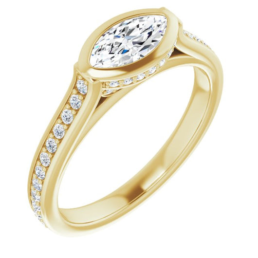 10K Yellow Gold Customizable Cathedral-Bezel Marquise Cut Design with Under Halo and Shared Prong Band