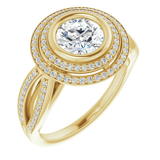 10K Yellow Gold Customizable Bezel-set Round Cut Style with Double Halo and Split Shared Prong Band