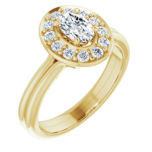 10K Yellow Gold Customizable Cluster-Halo Accented Oval Cut Style with Tapered Dual Band