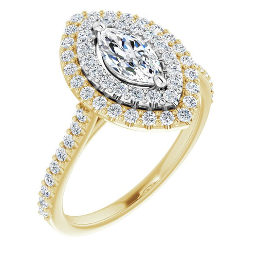 14K Yellow & White Gold Customizable Double-Halo Marquise Cut Design with Accented Split Band