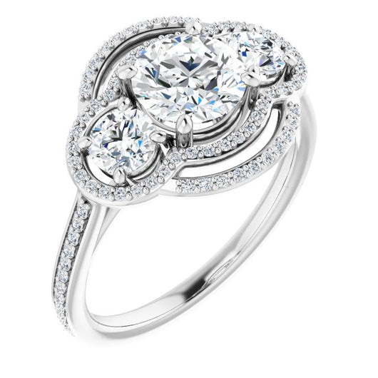 10K White Gold Customizable Enhanced 3-stone Double-Halo Style with Round Cut Center and Thin Band