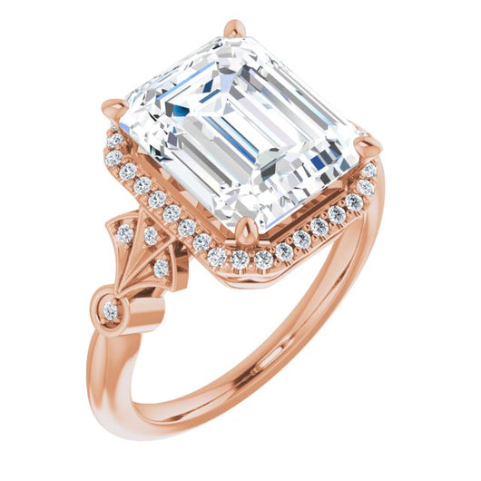 10K Rose Gold Customizable Cathedral-Crown Emerald/Radiant Cut Design with Halo and Scalloped Side Stones