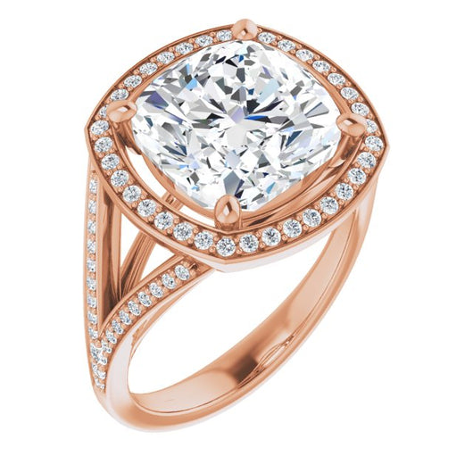 10K Rose Gold Customizable Cathedral-Halo Cushion Cut Style featuring Split-Shared Prong Band