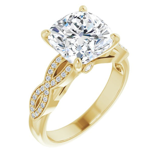 10K Yellow Gold Customizable Cushion Cut Design featuring Infinity Pavé Band and Round-Bezel Peekaboos