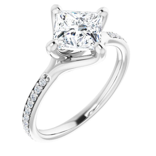 10K White Gold Customizable Princess/Square Cut Design featuring Thin Band and Shared-Prong Round Accents