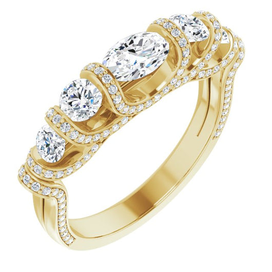 10K Yellow Gold Customizable Bar-set Oval Cut 5-stone Design Plus Grandiose Pavé Accents