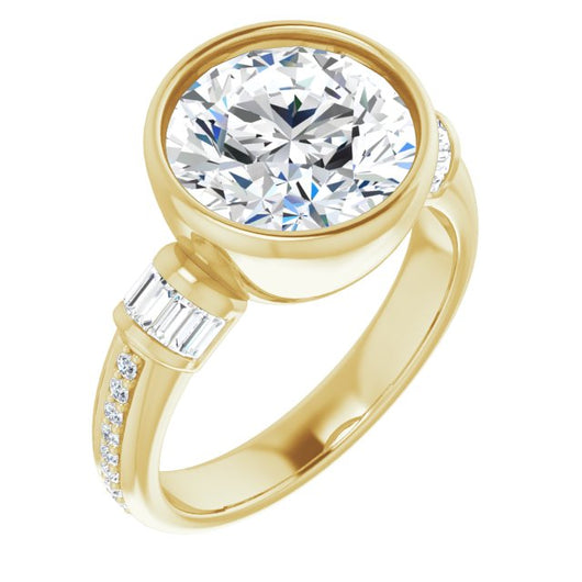 10K Yellow Gold Customizable Cathedral-Bezel Round Cut Style with Horizontal Baguettes & Shared Prong Band