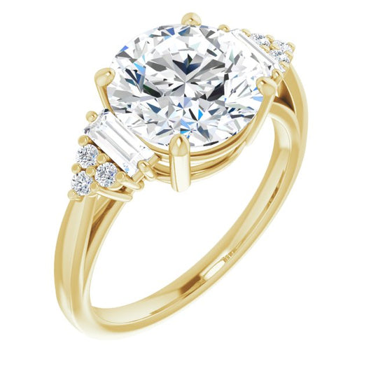 10K Yellow Gold Customizable 9-stone Design with Round Cut Center, Side Baguettes and Tri-Cluster Round Accents