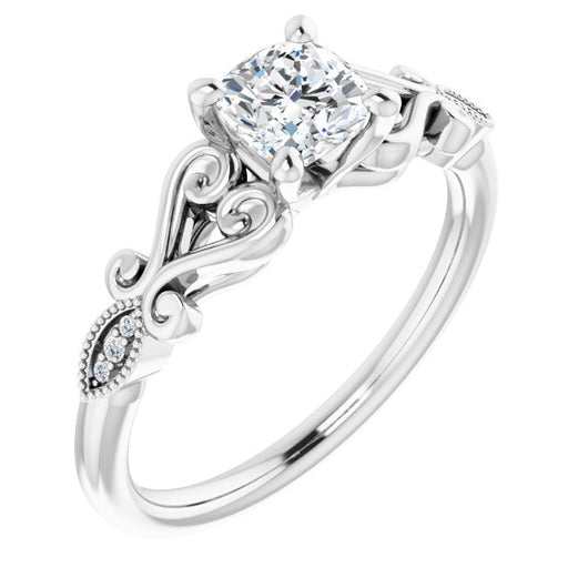 10K White Gold Customizable 7-stone Design with Cushion Cut Center Plus Sculptural Band and Filigree