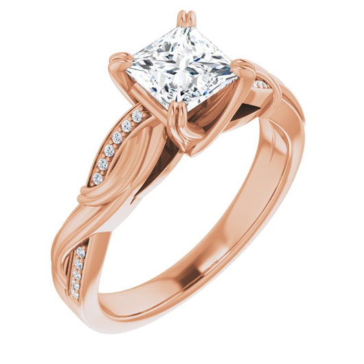 10K Rose Gold Customizable Cathedral-raised Princess/Square Cut Design featuring Rope-Braided Half-Pavé Band