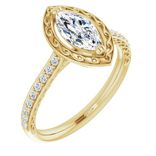 10K Yellow Gold Customizable Marquise Cut Halo Design with Filigree and Accented Band