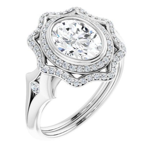 10K White Gold Customizable Cathedral-bezel Oval Cut Design with Floral Double Halo and Channel-Accented Split Band