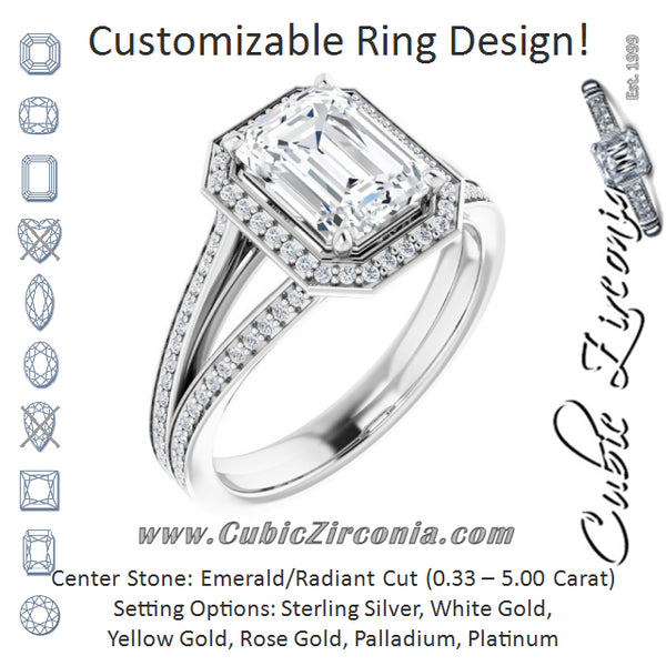 Cubic Zirconia Engagement Ring- The Carrie (Customizable Emerald Cut Design with Split-Band Shared Prong & Halo)