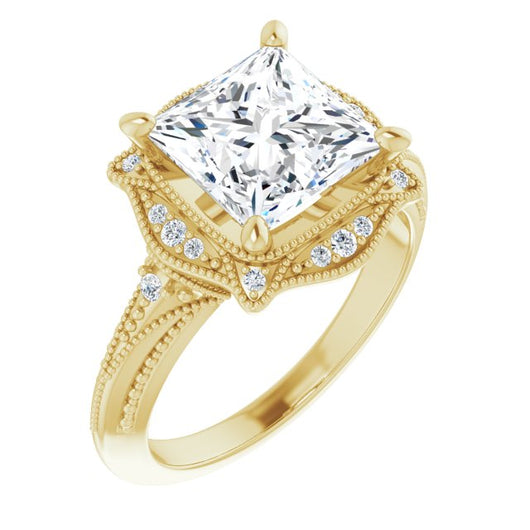 10K Yellow Gold Customizable Vintage Princess/Square Cut Design with Beaded Milgrain and Starburst Semi-Halo