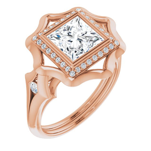 10K Rose Gold Customizable Bezel-set Princess/Square Cut with Halo & Oversized Floral Design