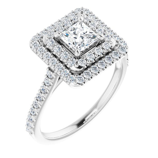 10K White Gold Customizable Double-Halo Princess/Square Cut Design with Accented Split Band