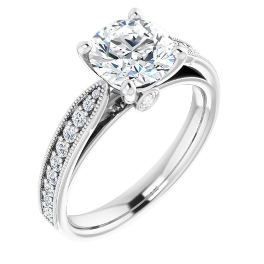 10K White Gold Customizable Round Cut Style featuring Milgrained Shared Prong Band & Dual Peekaboos