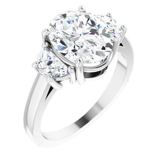 10K White Gold Customizable 3-stone Design with Oval Cut Center and Half-moon Side Stones