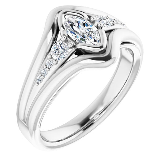 10K White Gold Customizable 9-stone Marquise Cut Design with Bezel Center, Wide Band and Round Prong Side Stones