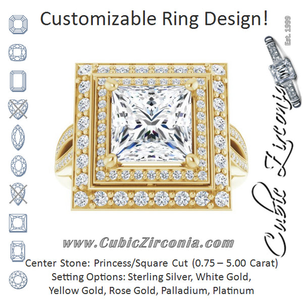 Cubic Zirconia Engagement Ring- The Henrika (Customizable Cathedral-style Princess/Square Cut Design with Double Halo & Split-Pavé Band)