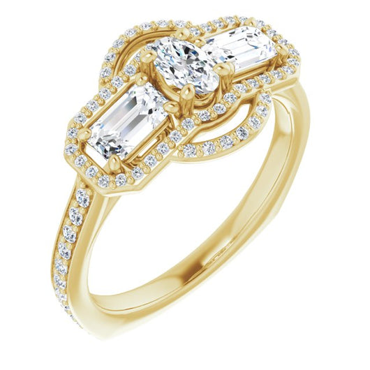 10K Yellow Gold Customizable Enhanced 3-stone Style with Oval Cut Center, Emerald Cut Accents, Double Halo and Thin Shared Prong Band