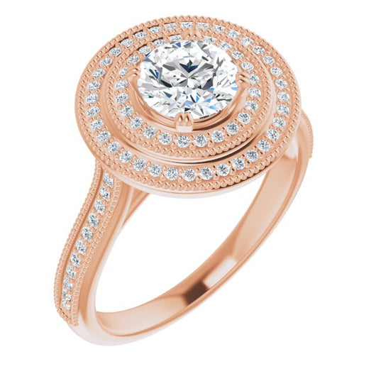 10K Rose Gold Customizable Round Cut Design with Elegant Double Halo, Houndstooth Milgrain and Band-Channel Accents