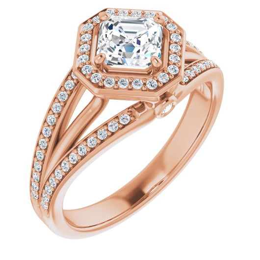 10K Rose Gold Customizable High-set Asscher Cut Design with Halo, Wide Tri-Split Shared Prong Band and Round Bezel Peekaboo Accents