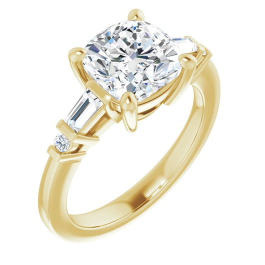 10K Yellow Gold Customizable 5-stone Baguette+Round-Accented Cushion Cut Design)