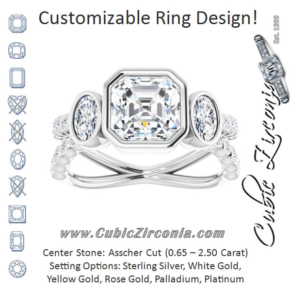 Cubic Zirconia Engagement Ring- The Tamanna (Customizable Bezel-set Asscher Cut Design with Dual Bezel-Oval Accents and Round-Bezel Accented Split Band)