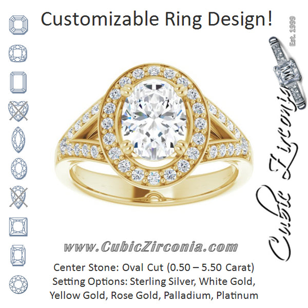 Cubic Zirconia Engagement Ring- The Aryanna (Customizable Cathedral-set Oval Cut Style with Accented Split Band and Halo)