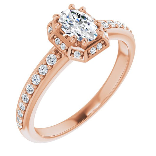 10K Rose Gold Customizable Oval Cut Design with Geometric Under-Halo and Shared Prong Band