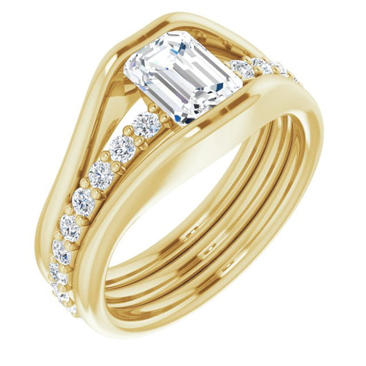 10K Yellow Gold Customizable Bezel-set Emerald/Radiant Cut Style with Thick Pavé Band