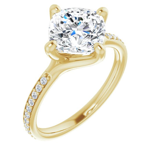 10K Yellow Gold Customizable Cushion Cut Design featuring Thin Band and Shared-Prong Round Accents